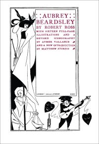 Black ink illustration of lady in long dress, mime artist in white, on cover of 'Aubrey Beardsley', by Pallas Athene.