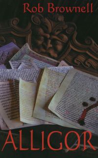 Book cover of Robert Brownells' Alligor, with pages torn from a book and red liquid on one page. Published by Pallas Athene.