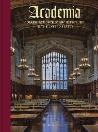 Interior of University of Michigan Law Library, with large stained glass window, low hanging candelabras, on cover of 'Academia, Collegiate Gothic Architecture in the United States', by Abbeville Press.