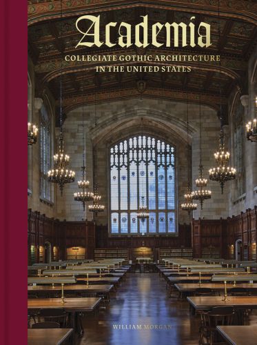 Grand interior of University of Michigan Law Library, with large stained glass window and low hanging candelabras, on cover of 'Academia, Collegiate Gothic Architecture in the United States', Published by Abbeville Press.