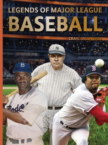 Jackie Robinson, Babe Ruth and Pedro Martínez, superimposed on cover of 'Legends of Major League Baseball', by Abbeville Press.