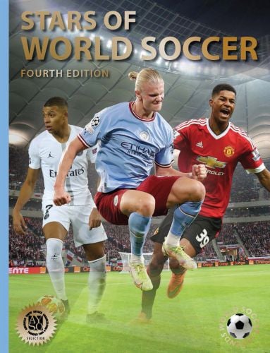 Book cover of Illugi Jökulsson's fourth edition of Stars of World Soccer, featuring footballers Kylian Mbappé, Erling Haaland and Marcus Rashford. Published by Abbeville Press.