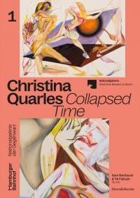 Painting of naked female body surrounded by coloured abstract shapes, on coral cover of 'Christina Quarles, Collapsed Time', by Silvana.