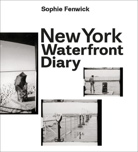 White book cover of New York Waterfront Diary, featuring three black and white photographs: sandy beach, man near waters edge, view telescopes. Published by 5 Continents Editions.