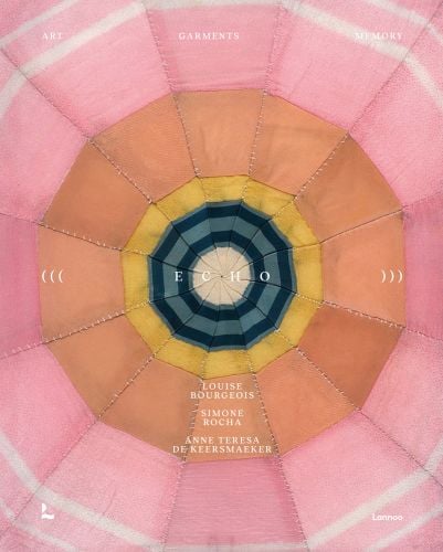 Fabric piece of pink and orange triangular shapes, sewn together by Louise Bourgeois, on cover of 'Echo, Wrapped in Memory', by Lannoo Publishers.