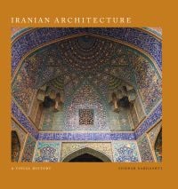 The magnificent interior blue tiled ceiling of Jameh Mosque of Isfahan, Iran, on orange cover of 'Iranian Architecture, A Visual History', by ACC Art Books.