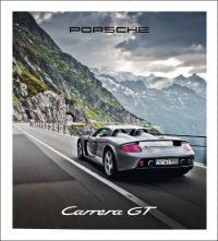 Book cover of Porsche Carrera GT, with a gray sportscar driving on roads around mountainous landscape. Published by Delius Klasing Verlag GmbH.