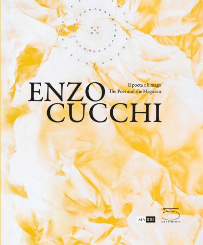 Yellow and white patterned cover of art exhibition catalogue 'Enzo Cucchi, The Poet and the Magician', by 5 Continents Editions.