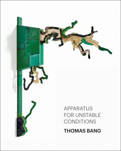 Green sculptural wood wall art, 'Interloper, No. 1', on white cover of 'Thomas Bang, Apparatus for Unstable Conditions', by Kerber.