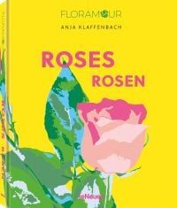 Two light pink roses on green stems, on yellow cover of 'Roses' by teNeues Books.