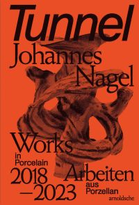 Abstract ceramic sculpture, red filter cover of 'Tunnel – Johannes Nagel, Works in Porcelain – Arbeiten aus Porzellan 2018–2023', by Arnoldsche Art Publishers.