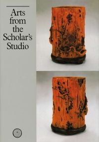 Intricately carved Chinese bamboo tree truck vessel with flowers and berries on branches, on cover of 'Arts from the Scholar’s Studio, by CA Book Publishing.