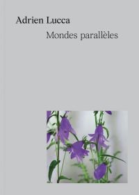 Purply-blue Harebell flowers, on lower right corner of grey cover of 'Adrien Lucca. Parallel universes, Collection l'Impatient', by Exhibitions International.
