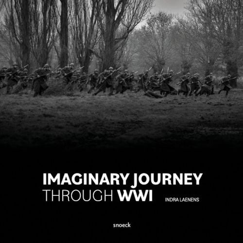 Line of soldiers with fixed bayonets running through a wooded area, on cover of 'Imaginary Journey Through WWI', by Exhibitions International.