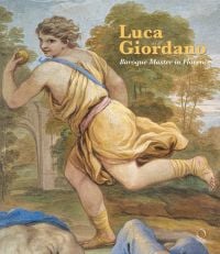 Book cover of Luca Giordano, Baroque Master in Florence, with a baroque painting of man in yellow robe running away with apple. Published by Officina Libraria.