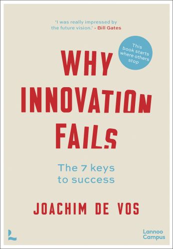 'WHY INNOVATION FAILS' in red slanted font, on beige cover, by Lannoo Publishers.