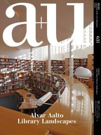 Magazine cover of a+u 23:04, 631: Feature: Alvar Aalto Library Landscapes, with interior of library. Published by Shinkenchiku-Sha Co., Ltd.