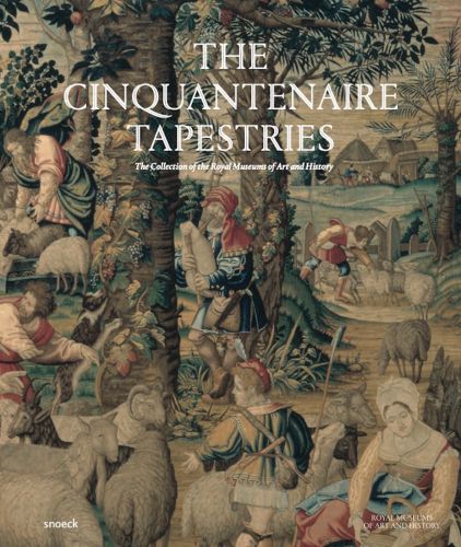 Colourful tapestry of landscape with folk tending to sheep, on cover of 'The Cinquantenaire Tapestries, The Collection of the Royal Museums of Art and History', by Exhibitions International.