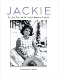 Lady in checked dress, sitting on cushioned recliner, on cover of 'Jackie, Life and Style of Jaqueline Kennedy Onassis', by White Star.