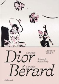 Fashion illustration of two models in ruffled dresses, on cover of 'Christian Dior - Christian Bérard, A Cheerful Melancholy', by Editions Gallimard.
