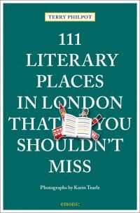 An open book with red bus, telephone box, near centre of green cover of '111 Literary Places in London That You Shouldn't Miss', by Emons Verlag.