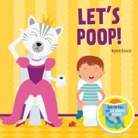 Child, and white cat wearing crown and pink dress, sitting on separate loos, on cover of 'Let's Poop! by White Star.