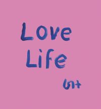 Pink cover with hand painted blue font to centre, of 'Love Life, David Hockney Drawings 1963-1977', by Pallas Athene.