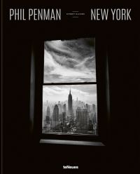 Dark room looking out on cityscape with Empire State Building, on black cover of 'New York Street Diaries', by teNeues Books.