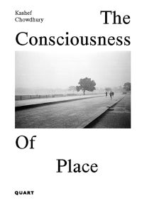 Landscape with long dirt road, people running for exercise, on white cover of 'The Consciousness of Place', by Quart Publishers.