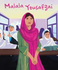 Young Pakistani girl in green dress and pink headscarf, standing at front of classroom, on cover of 'Malala Yousafzai, Genius', by White Star.