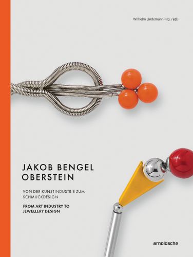 Silver snake chain necklace with 3 orange balls, on cover of 'Jakob Bengel, Oberstein, From Art Industry to Jewellery Design', by Arnoldsche Art Publishers.