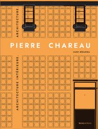 Aerial plan of interior room layout, two high chairs, on yellow cover of 'Pierre Chareau. Volume 2., Biographie. Expositions. Mobilier.', by Editions Norma.