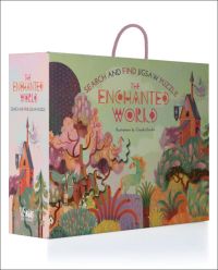 Colourful forest with a castle, on activity box 'The Enchanted World: Search and Find Jigsaw Puzzle', by White Star.