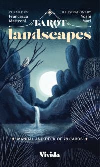 Card pack cover of Tarot Landscapes, Manual and Deck of 78 Cards Blue, with a night landscape with bright moon behind, and owl perched in tree. Published White Star.