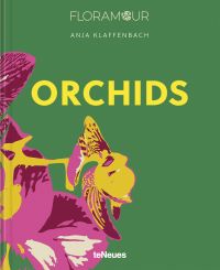 Print of pink and yellow orchid, on green cover of 'Orchids', by teNeues Books.