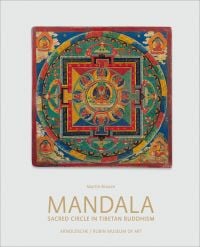 Colourful Buddhist Mandala with four quadrants, on white cover of 'Mandala, Sacred Circle in Tibetan Buddhism', by Arnoldsche Art Publishers.