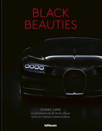 Black Bugatti Veyron Grand Sport Vitesse with illuminated lights, on cover of 'Black Beauties, Iconic Cars', by teNeues Books.