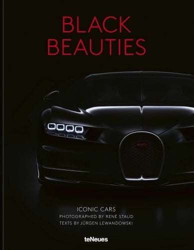 Black Bugatti Veyron Grand Sport Vitesse with illuminated lights, on cover of 'Black Beauties, Iconic Cars', by teNeues Books.