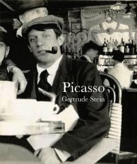 Book cover of Picasso, featuring a younger Pablo in flat cap, smoking a pipe, sitting at café table. Published by Pallas Athene.