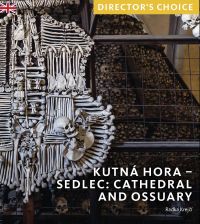 Skeletal remains ornament of 30,000 black death victims, on cover of 'Kutná Hora - Sedlec: Cathedral Church and Ossuary', by Scala Arts & Heritage Publishers.