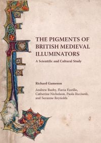 Colorful decorative illustration with leaves, man with long white beard, on cover of 'The Pigments of British Medieval Illuminators, A Scientific and Cultural Study', by Archetype Publications.