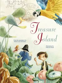 Jim Hawkins and Long John Silver, yellow and blue macaw above, on cover of 'Treasure Island, From the Masterpiece by Robert Louis Stevenson', by White Star.