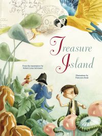 Book cover of Treasure Island, From the Masterpiece by Robert Louis Stevenson, with Jim Hawkins and Long John Silver, with yellow and blue macaw above. Published by White Star.