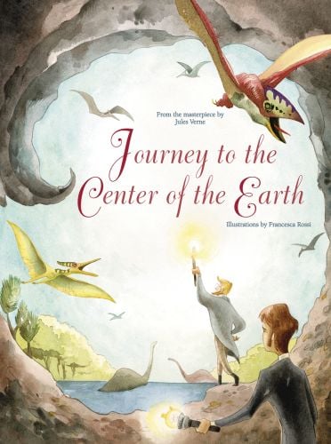 Man holding burning torch while looking out of cave, flying dinosaurs above, on cover of 'Journey to the Centre of the Earth, From the Masterpiece by Jules Verne', by White Star.