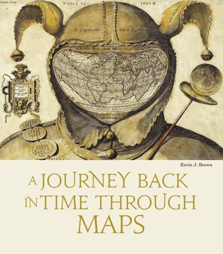 Artwork of 'Fool’s Cap Map of the World', jester headpiece, with world map on visor, on cover of 'A Journey Back in Time Through Maps' by White Star.