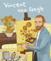 Painter with ginger beard, painting a canvas of sunflowers, on cover of 'Vincent van Gogh, Genius', by White Star.