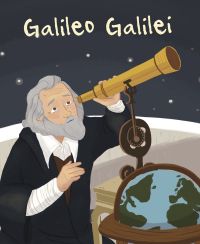 The Father of Modern Science looking through telescope, world globe below, on cover of 'Galileo Galilei, Genius', by White Star.