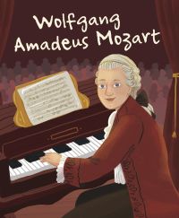 Classical composer in white wig playing piano, on cover of 'Wolfgang Amadeus Mozart, Genius', by White Star.