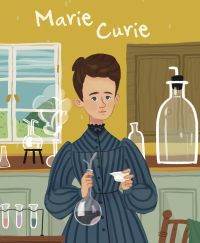 White female in long blue dress holding glass flask, in laboratory, on cover of 'Marie Curie, Genius', by White Star.