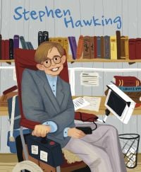 Book cover of Stephen Hawking, Genius, featuring male sitting in motorised wheelchair, with shelves of books behind. Published by White Star.